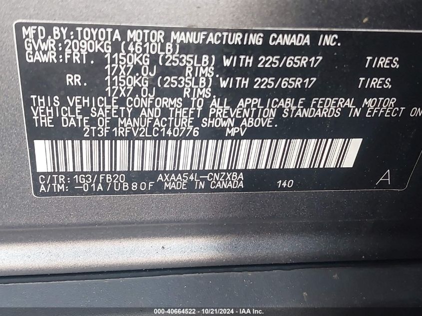 2020 Toyota Rav4 Le VIN: 2T3F1RFV2LC140776 Lot: 40664522