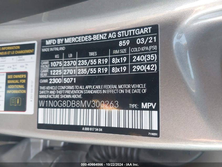 2021 Mercedes-Benz Glc 300 Suv VIN: W1N0G8DB8MV300263 Lot: 40664566