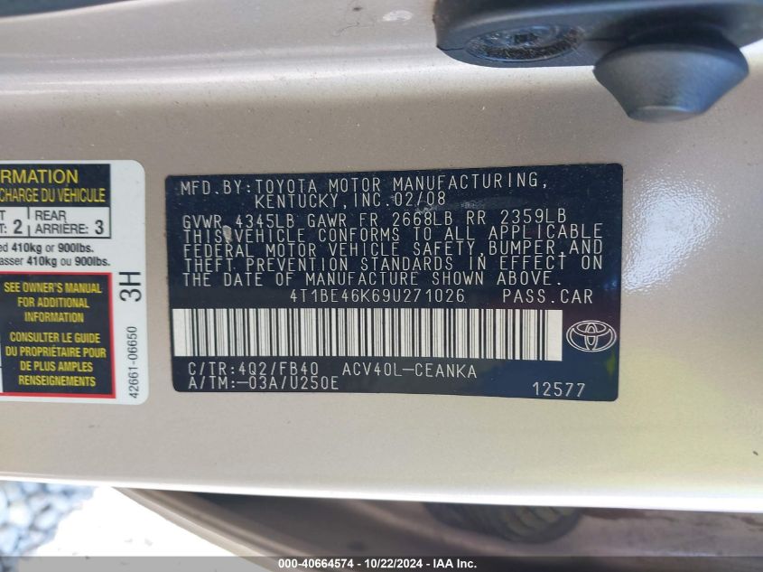 2009 Toyota Camry Le VIN: 4T1BE46K69U271026 Lot: 40664574