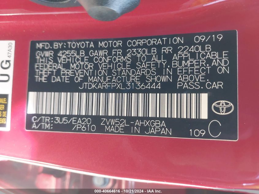 2020 Toyota Prius Prime Xle VIN: JTDKARFPXL3136444 Lot: 40664616