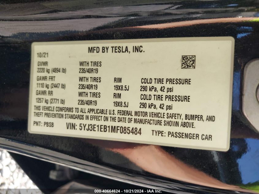 2021 Tesla Model 3 Long Range Dual Motor All-Wheel Drive VIN: 5YJ3E1EB1MF085484 Lot: 40664624