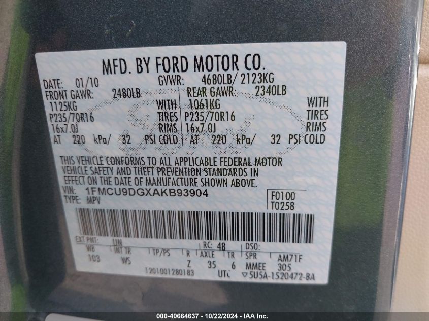 2010 Ford Escape Xlt VIN: 1FMCU9DGXAKB93904 Lot: 40664637