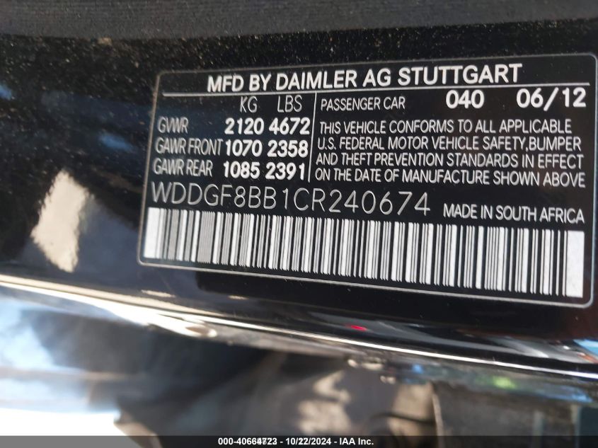 2012 Mercedes-Benz C 300 Luxury 4Matic/Sport 4Matic VIN: WDDGF8BB1CR240674 Lot: 40664723