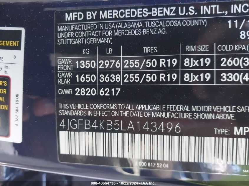 2020 Mercedes-Benz Gle 350 4Matic VIN: 4JGFB4KB5LA143496 Lot: 40664735