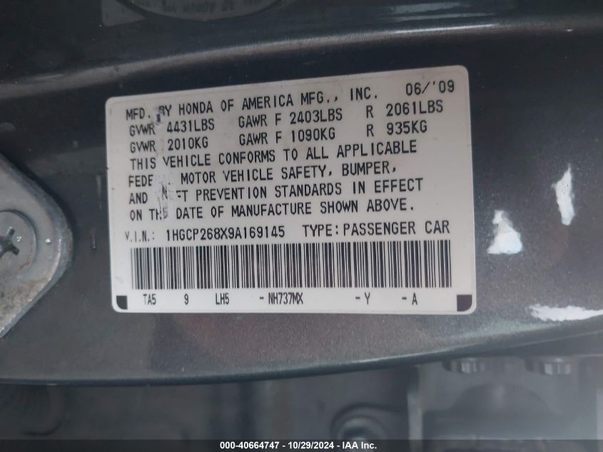 2009 Honda Accord 2.4 Ex-L VIN: 1HGCP268X9A169145 Lot: 40664747