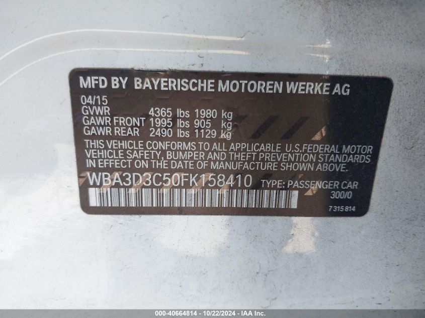 2015 BMW 328D VIN: WBA3D3C50FK158410 Lot: 40664814