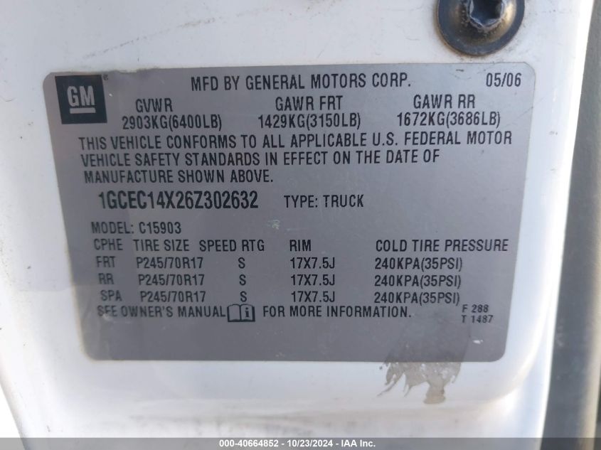 2006 Chevrolet Silverado 1500 Work Truck VIN: 1GCEC14X26Z302632 Lot: 40664852