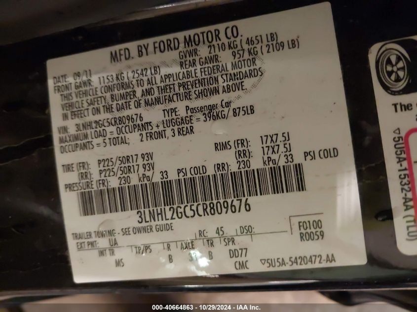 2012 LINCOLN MKZ VIN: 3LNHL2GC5CR809676