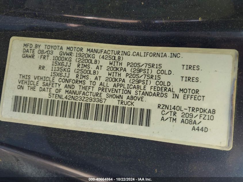 2003 Toyota Tacoma VIN: 5TENL42N23Z293367 Lot: 40664864