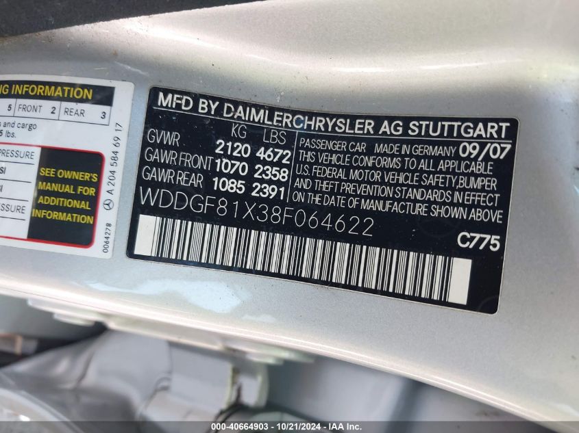 2008 Mercedes-Benz C 300 Luxury 4Matic/Sport 4Matic VIN: WDDGF81X38F064622 Lot: 40664903