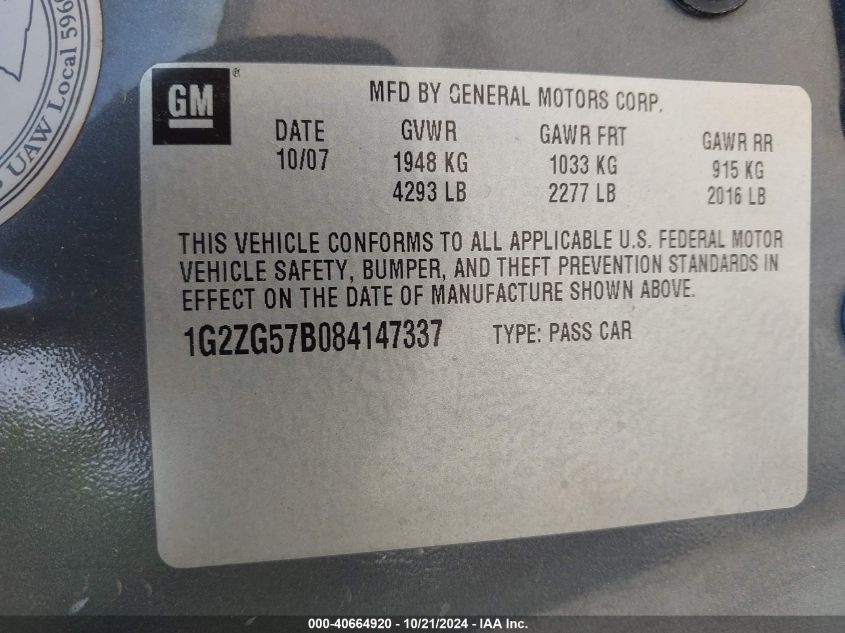 2008 Pontiac G6 VIN: 1G2ZG57B084147337 Lot: 40664920