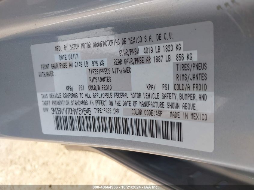 2017 Mazda Mazda3 Touring VIN: 3MZBN1V70HM151545 Lot: 40664936