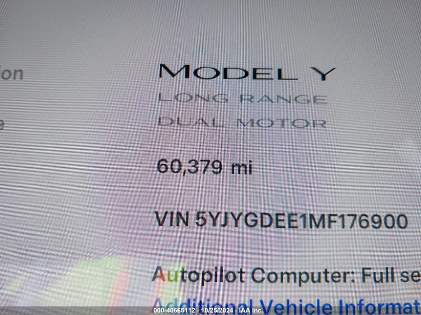 2021 Tesla Model Y Long Range Dual Motor All-Wheel Drive VIN: 5YJYGDEE1MF176900 Lot: 40665112