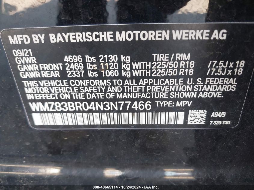 2022 Mini Countryman Cooper S VIN: WMZ83BR04N3N77466 Lot: 40665114