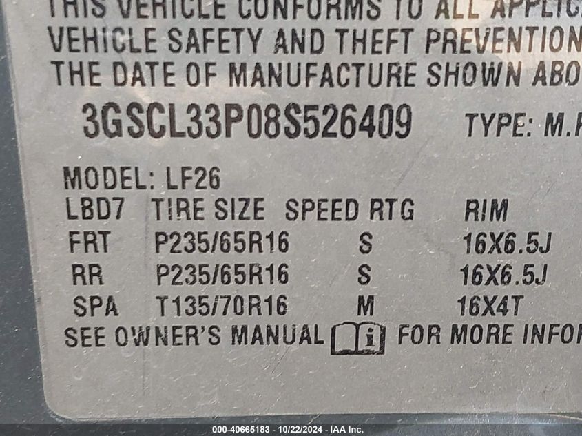 2008 Saturn Vue 4-Cyl Xe VIN: 3GSCL33P08S526409 Lot: 40665183