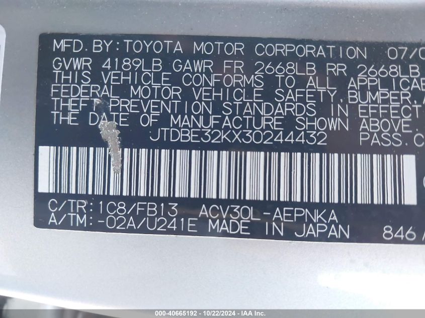 2003 Toyota Camry Le VIN: JTDBE32KX30244432 Lot: 40665192