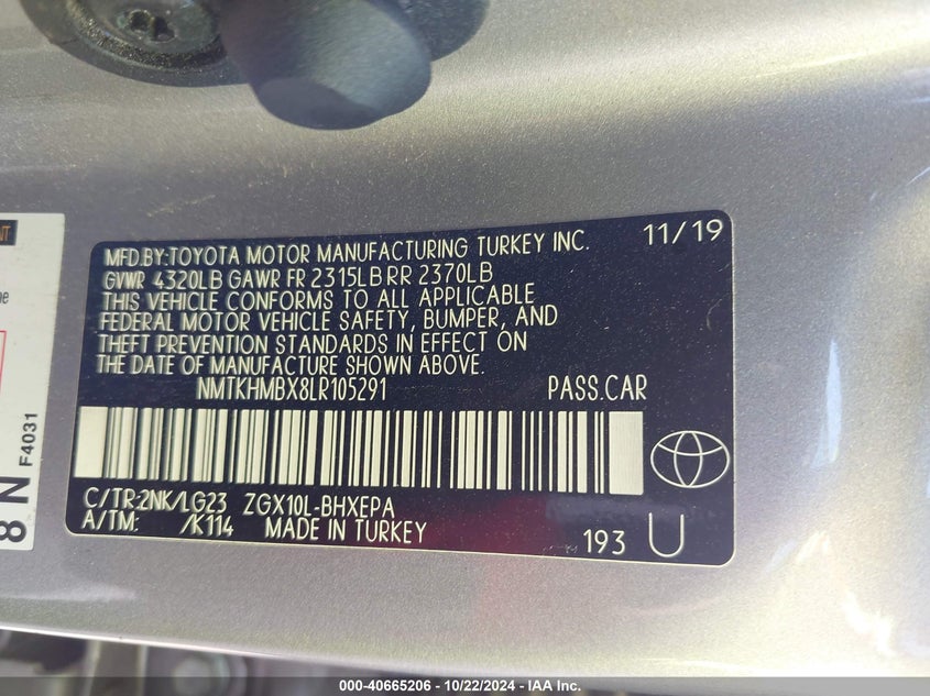 VIN NMTKHMBX8LR105291 2020 TOYOTA C-HR LIMITED