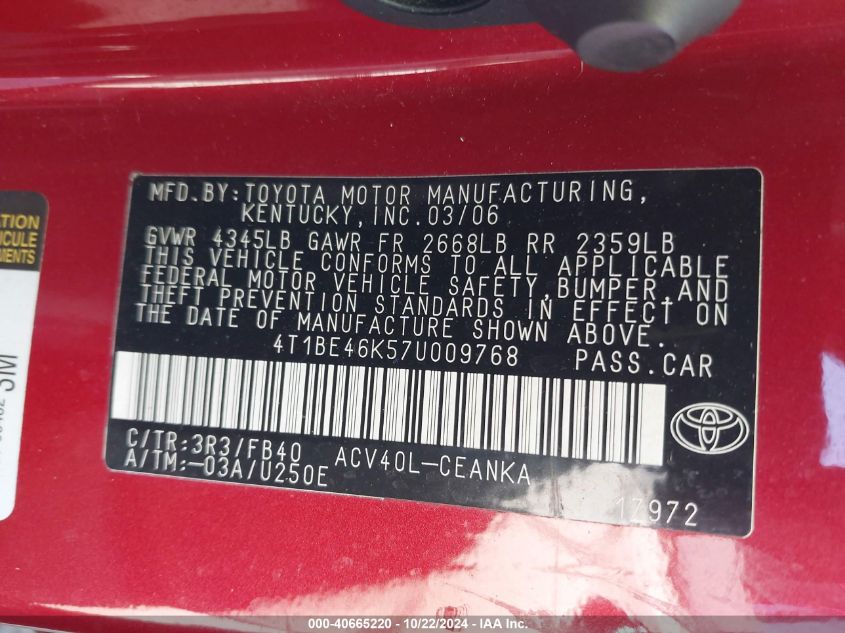 2007 Toyota Camry Le VIN: 4T1BE46K57U009768 Lot: 40665220