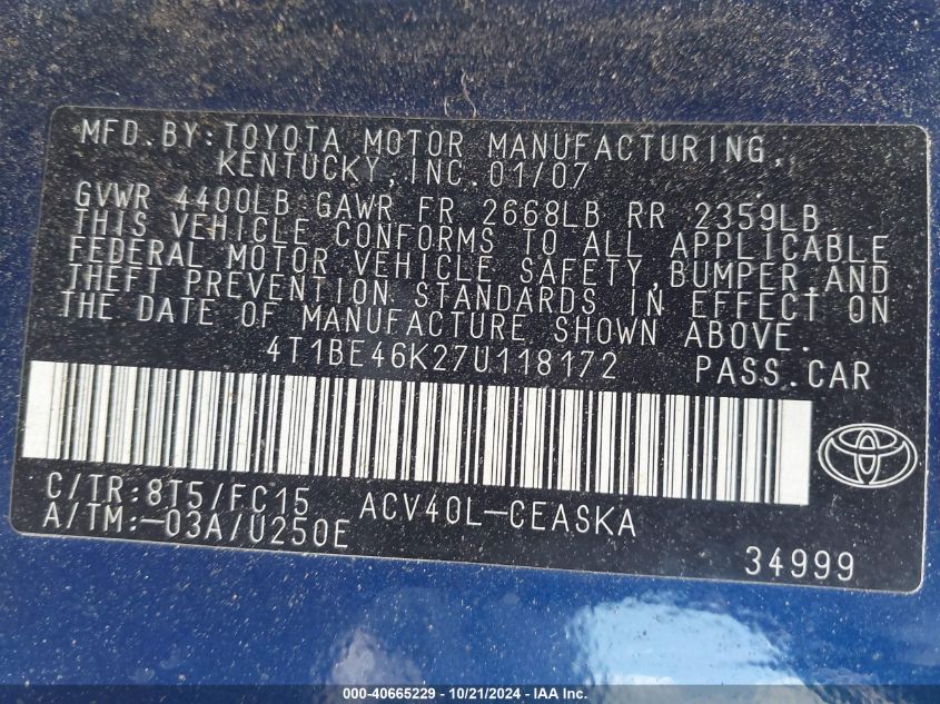 2007 Toyota Camry Se VIN: 4T1BE46K27U118172 Lot: 40665229