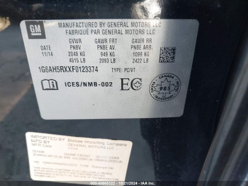 2015 Cadillac Ats Luxury VIN: 1G6AH5RXXF0123374 Lot: 40665322