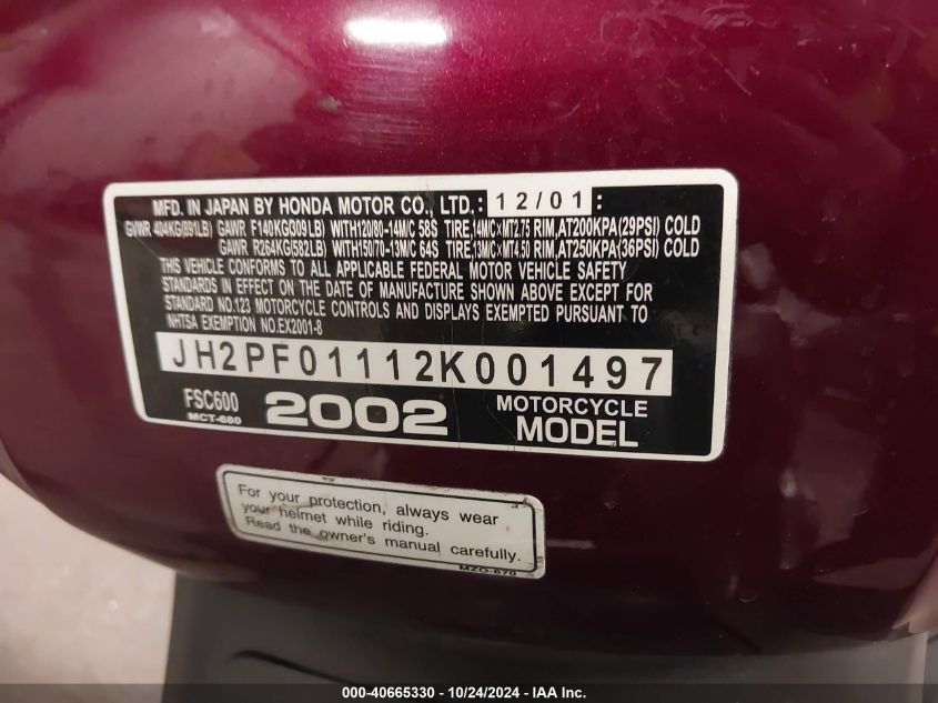 2002 Honda Fsc600 VIN: JH2PF01112K001497 Lot: 40665330