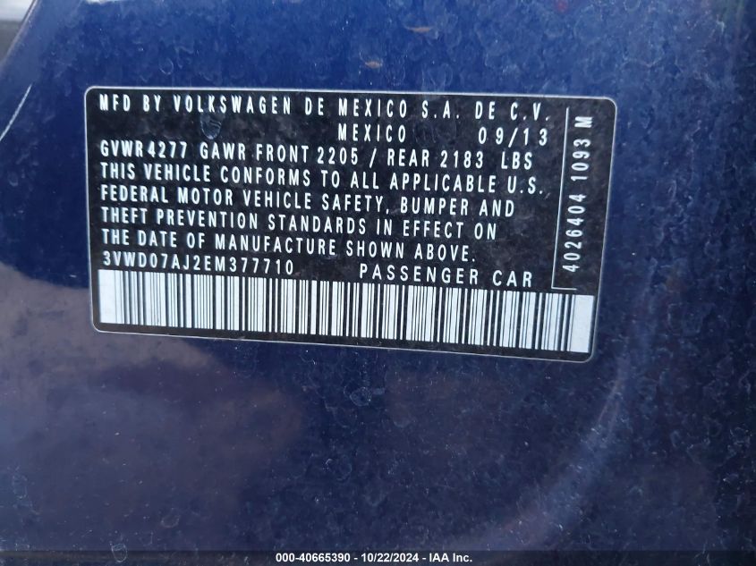 2014 Volkswagen Jetta 1.8T Se VIN: 3VWD07AJ2EM377710 Lot: 40665390