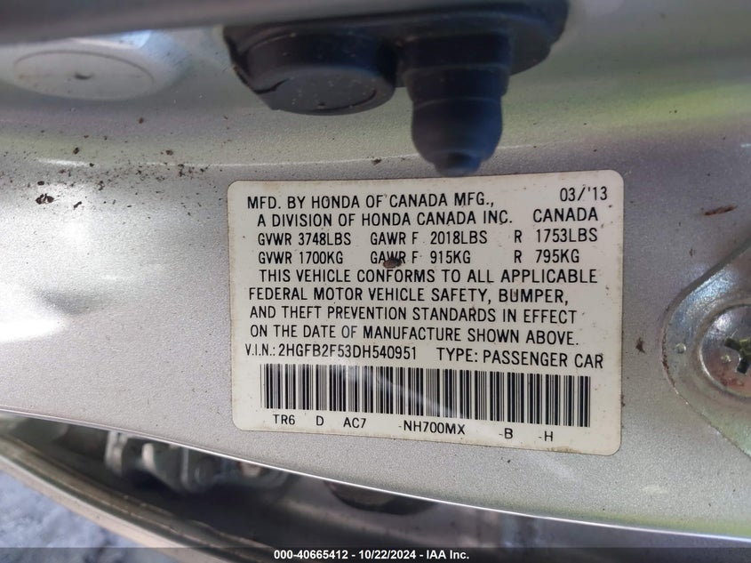 2013 Honda Civic Lx VIN: 2HGFB2F53DH540951 Lot: 40665412