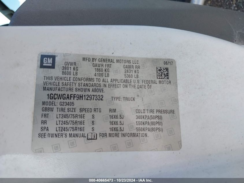 2017 CHEVROLET EXPRESS 2500 WORK VAN - 1GCWGAFF9H1297332