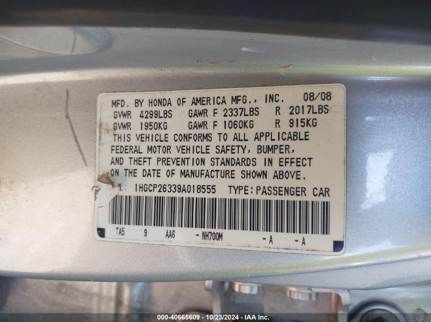 2009 Honda Accord 2.4 Lx VIN: 1HGCP26339A018555 Lot: 40665609