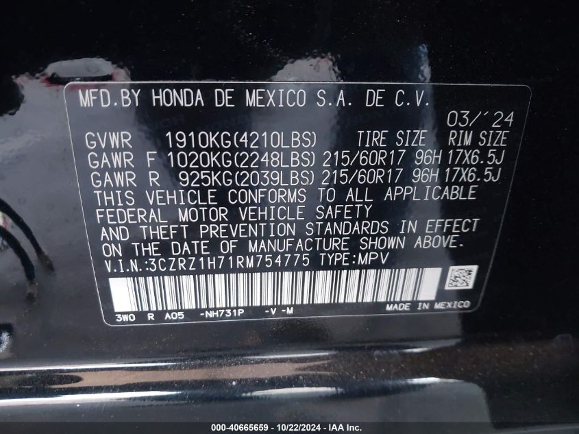 2024 Honda Hr-V 2Wd Ex-L/2Wd Ex-L W/O Bsi VIN: 3CZRZ1H71RM754775 Lot: 40665659