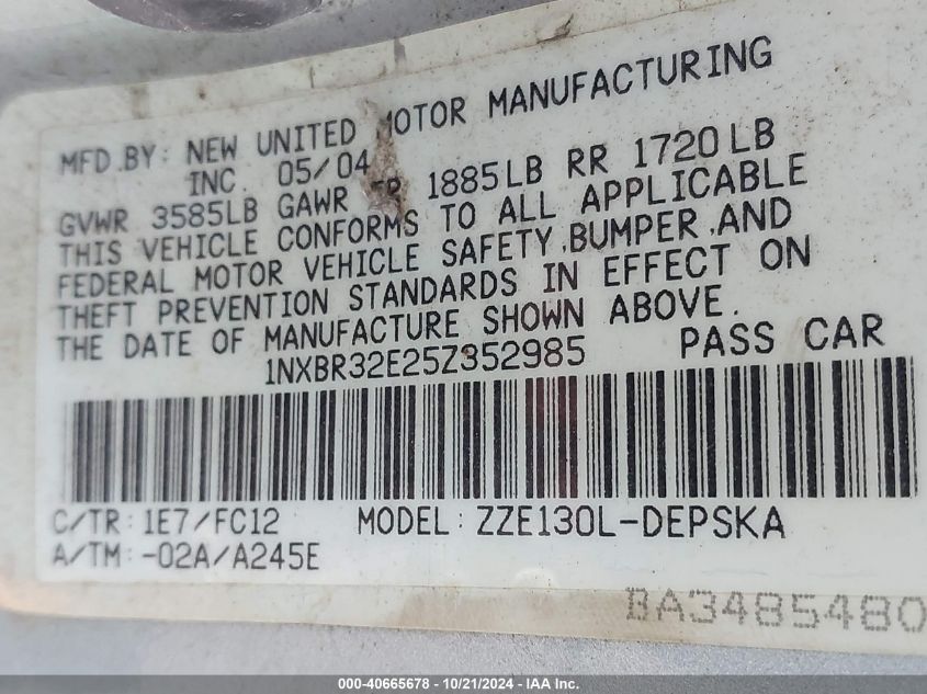 2005 Toyota Corolla S VIN: 1NXBR32E25Z352985 Lot: 40665678