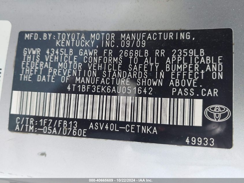 2010 Toyota Camry Le VIN: 4T1BF3EK6AU051642 Lot: 40665689