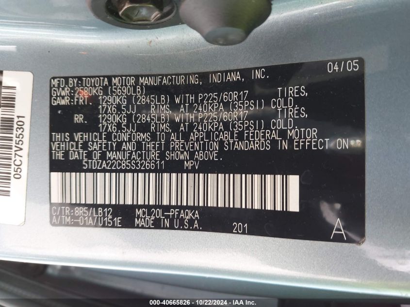 2005 Toyota Sienna Xle Limited VIN: 5TDZA22C85S326611 Lot: 40665826