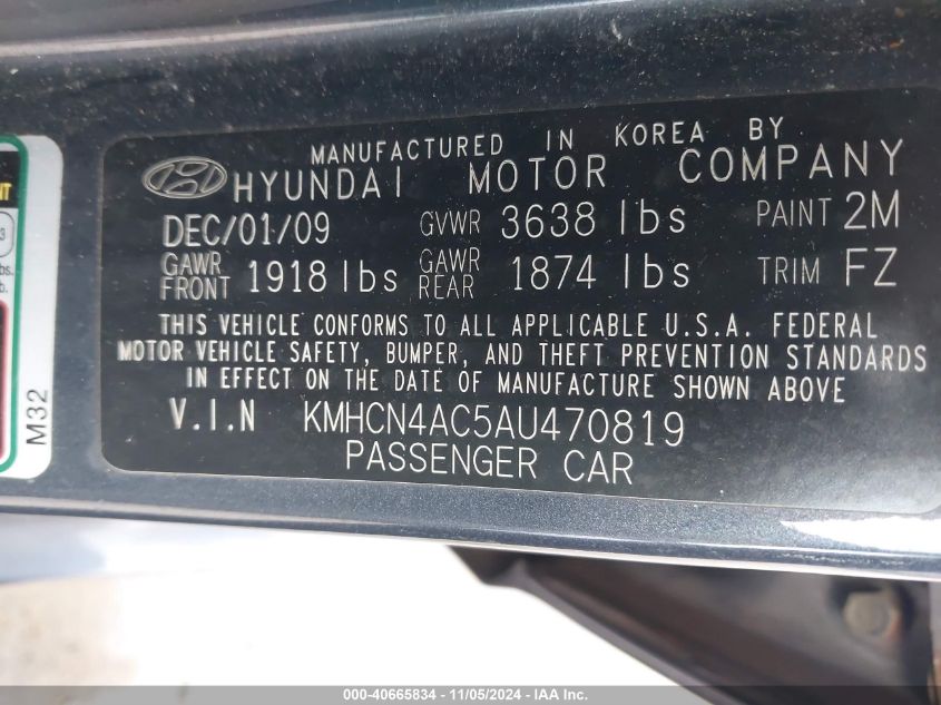 2010 Hyundai Accent Gls VIN: KMHCN4AC5AU470819 Lot: 40665834