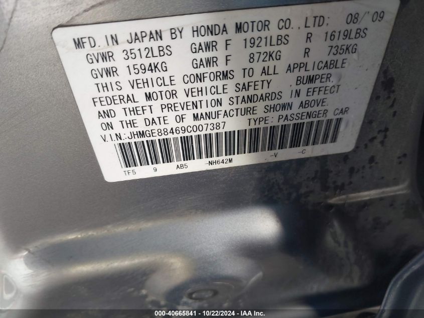 2009 Honda Fit Sport VIN: JHMGE88469C007387 Lot: 40665841