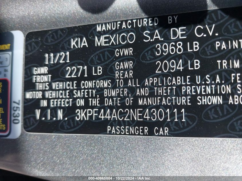 2022 Kia Forte Gt VIN: 3KPF44AC2NE430111 Lot: 40665884