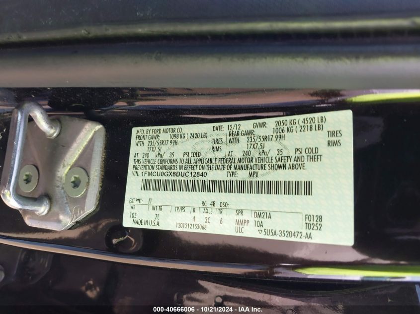 2013 Ford Escape Se VIN: 1FMCU0GX8DUC12840 Lot: 40666006