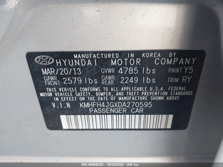 2013 HYUNDAI AZERA VIN: KMHFH4JGXDA270595