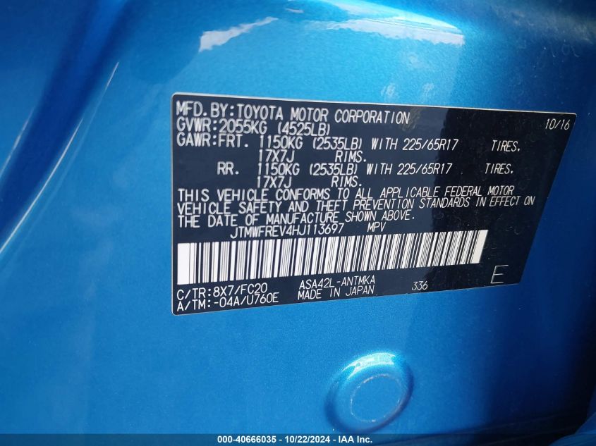 2017 Toyota Rav4 Xle VIN: JTMWFREV4HJ113697 Lot: 40666035