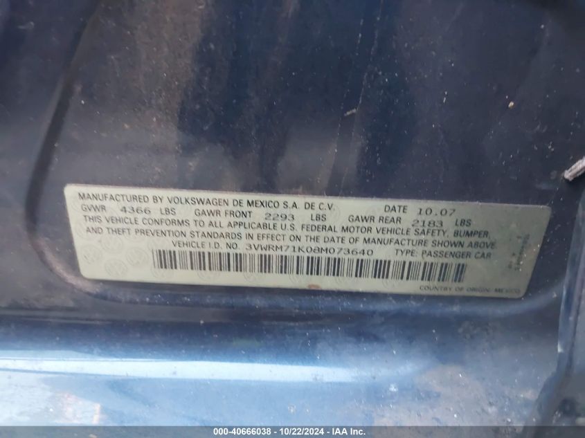 2008 Volkswagen Jetta Se/Sel VIN: 3VWRM71K08M073640 Lot: 40666038