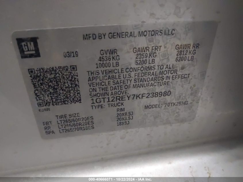 2019 GMC SIERRA VIN: 1GT12REY7KF238980