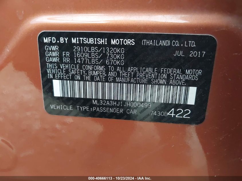 2018 Mitsubishi Mirage Es VIN: ML32A3HJ1JH000499 Lot: 40666113