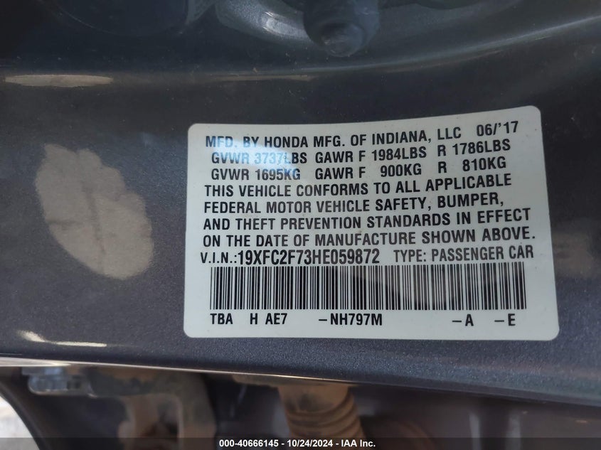 VIN 19XFC2F73HE059872 2017 HONDA CIVIC EX