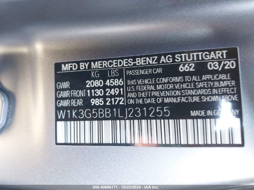 2020 Mercedes-Benz Amg A 35 4Matic VIN: W1K3G5BB1LJ231255 Lot: 40666171