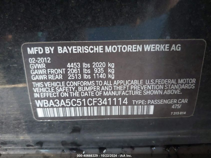 2012 BMW 328I VIN: WBA3A5C51CF341114 Lot: 40666329