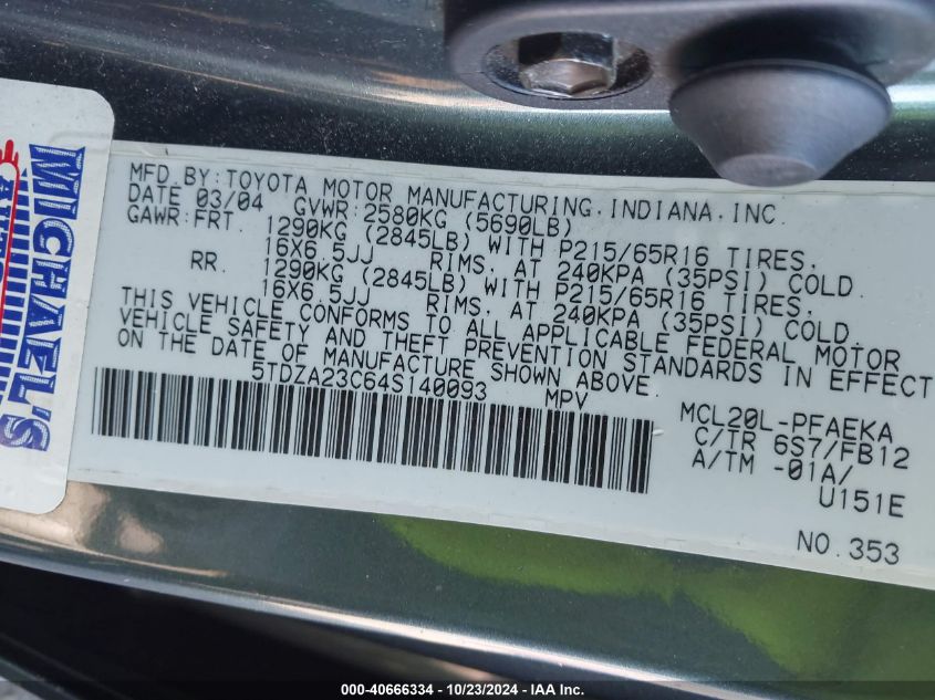 2004 Toyota Sienna Le VIN: 5TDZA23C64S140093 Lot: 40666334