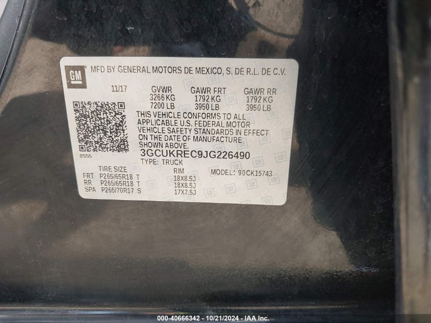 2018 Chevrolet Silverado 1500 2Lt VIN: 3GCUKREC9JG226490 Lot: 40666342