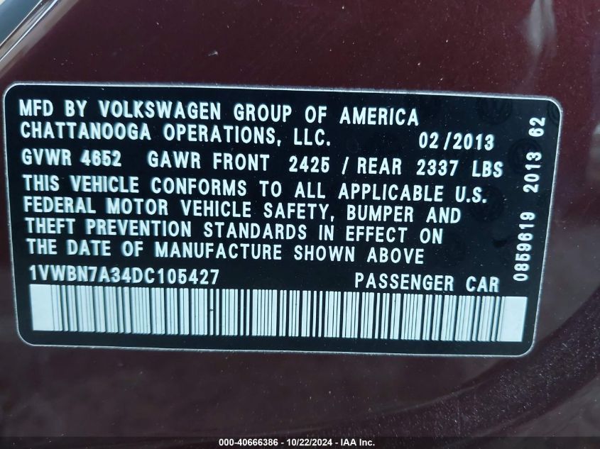 2013 Volkswagen Passat 2.0L Tdi Se VIN: 1VWBN7A34DC105427 Lot: 40666386