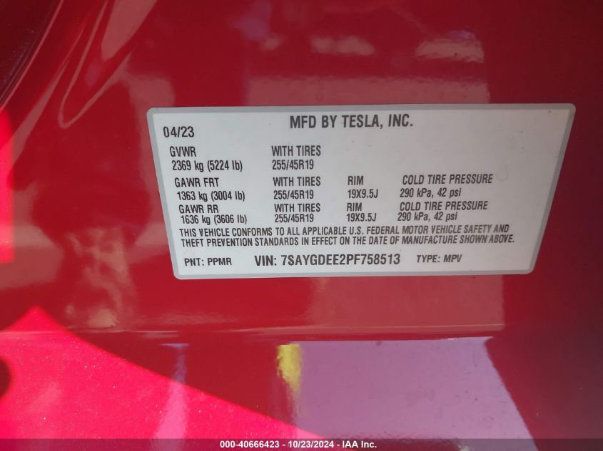 2023 Tesla Model Y Awd/Long Range Dual Motor All-Wheel Drive VIN: 7SAYGDEE2PF758513 Lot: 40666423