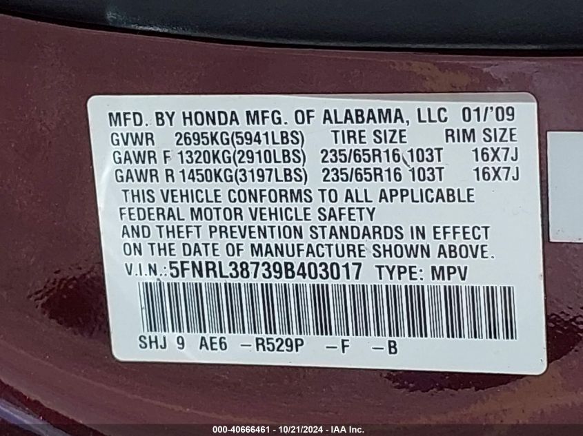 2009 Honda Odyssey Ex-L VIN: 5FNRL38739B403017 Lot: 40666461